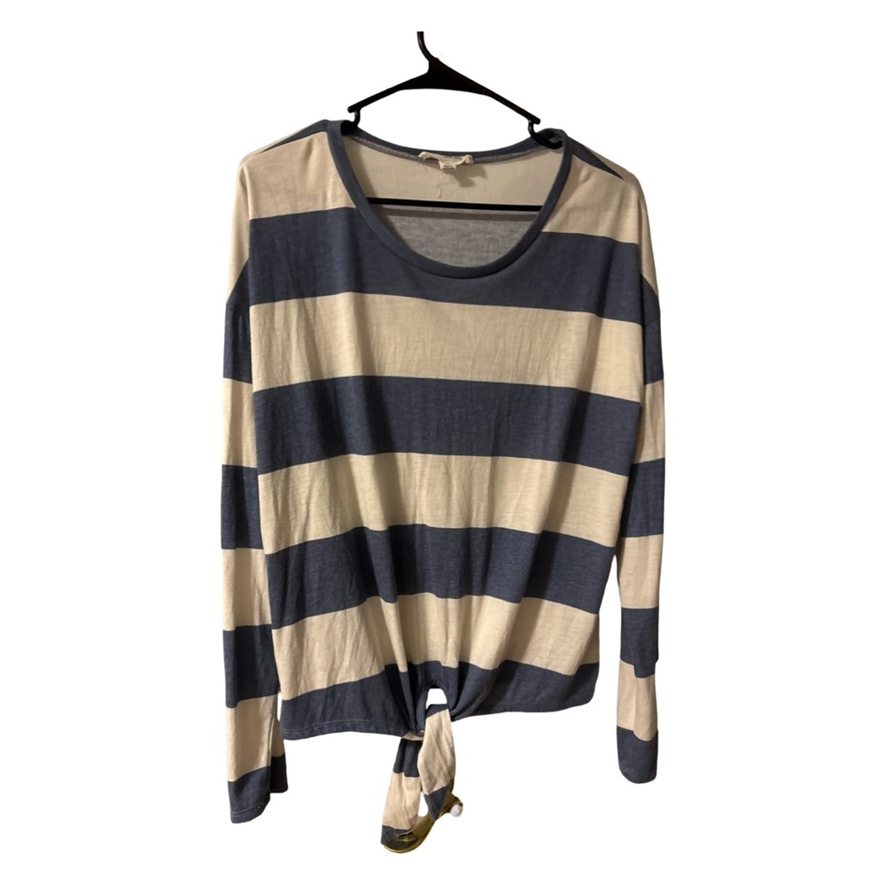 Cloud Chaser Coastal Navy & Cream Striped Tie front Hem Long Sleeve Top XL